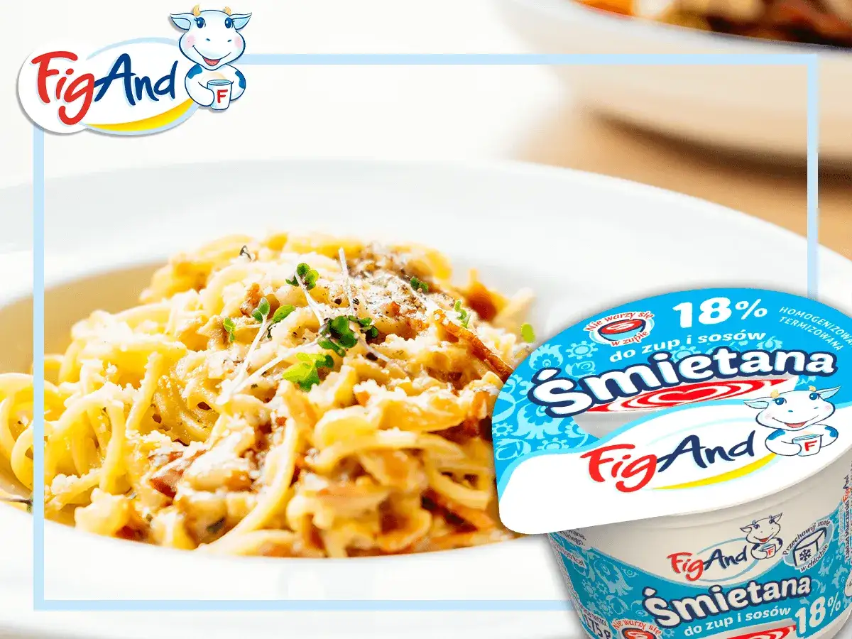Pyszna carbonara z makaronem i parmezanem. Idealna śmietana do carbonary to ta z logo FigAnd, 18%, która nie warzy się w zupach i sosach.
