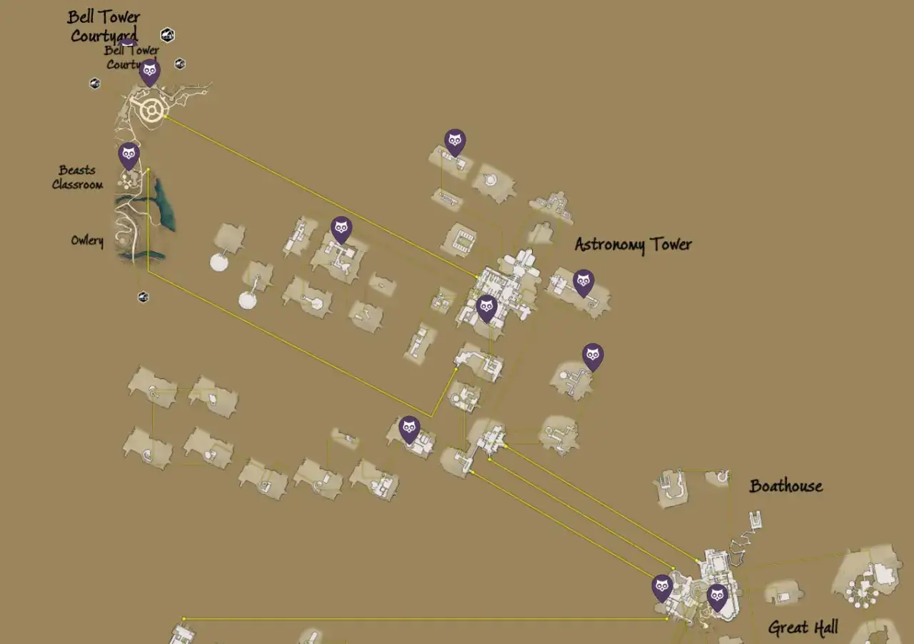 Mapa de Hogwarts con puntos de inter&eacute;s como el Patio de la Torre de Bell, el Aula de Criaturas y la Torre de Astronom&iacute;a. &iexcl;Quiz&aacute;s un Demiguise est&eacute; cerca!