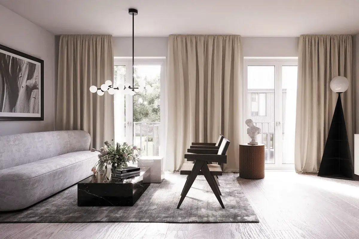 Litet vardagsrum inspiration med en mjuk soffa, marmorbord och moderna m&ouml;bler.