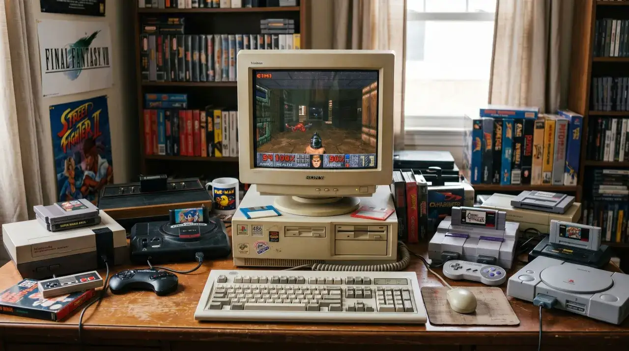 Biurko pełne klasyków: konsola Sega, Nintendo, SNES, PlayStation i pecet z grą Doom. To raj dla fanów **starych gier komputerowych**.