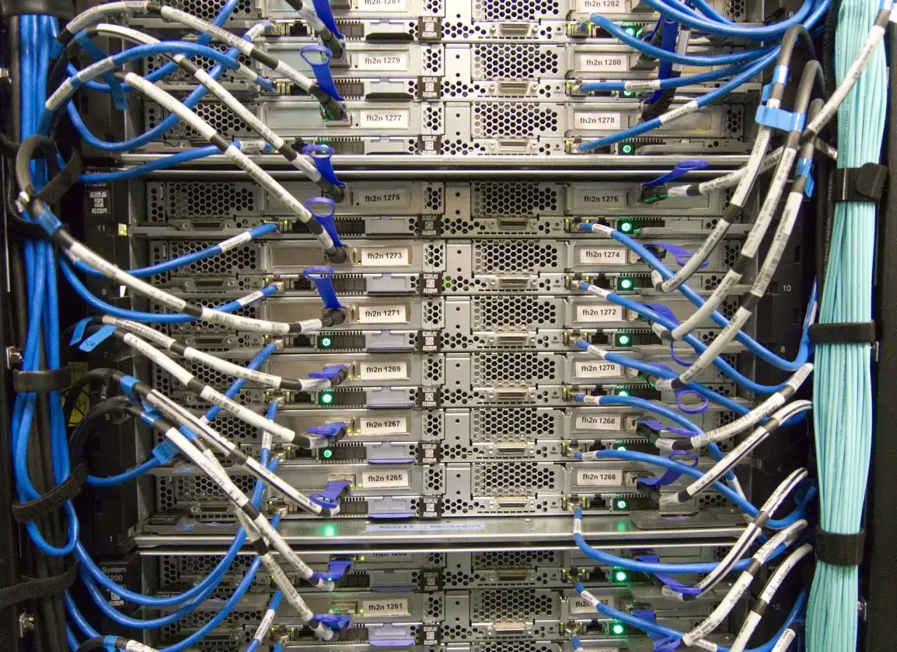 Servidores apilados con un intrincado **cableado horizontal** azul y blanco, cada cable etiquetado para identificar su conexi&oacute;n.