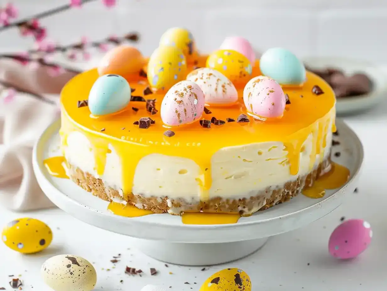 En l&auml;cker cheesecake p&aring;sk med gul glasyr och dekorerade p&aring;sk&auml;gg. Perfekt f&ouml;r p&aring;skfirandet!