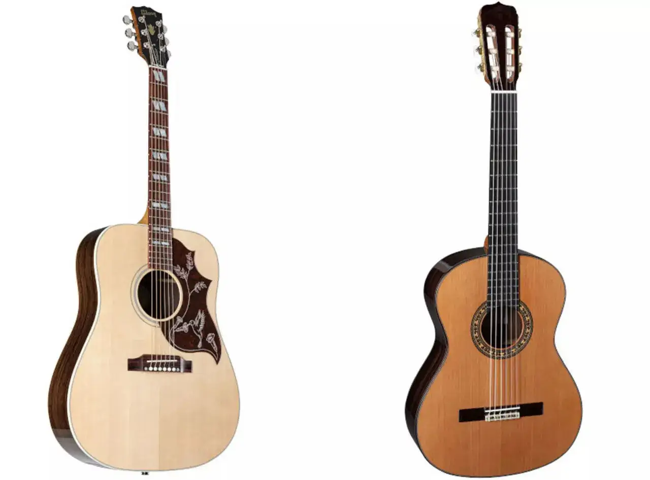 Dwa rodzaje gitar akustycznych: westernowa z ozdobnym pickguardem i klasyczna z nylonowymi strunami.