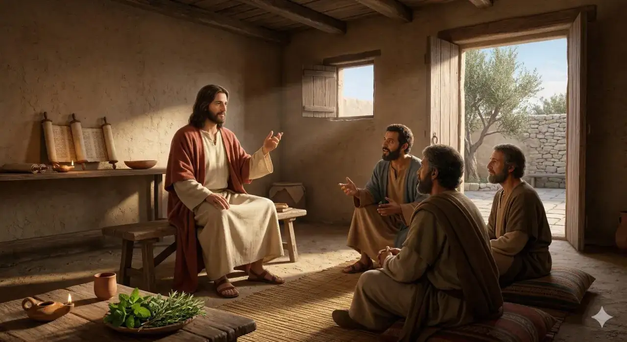 Jesus lehrt seine J&uuml;nger in einem Raum, wie in Johannes 14,8 beschrieben. Er sitzt auf einer Bank, w&auml;hrend sie auf dem Boden sitzen.