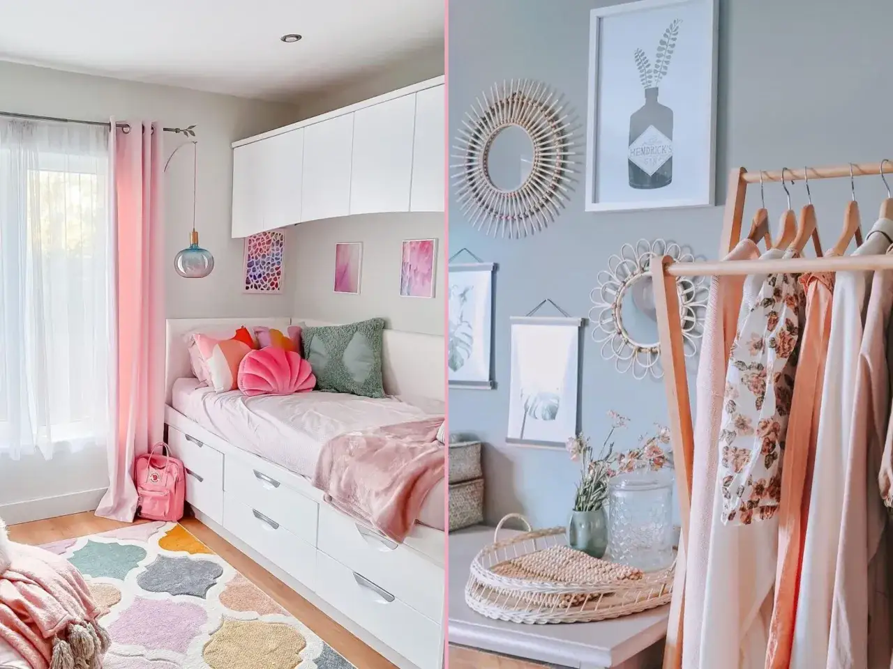 Ein rosa Mädchenzimmer mit einem Bett, das eine MALM Kommode stapeln könnte, und daneben eine Garderobe mit Kleidern.