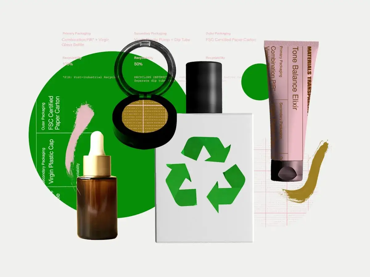 Cosmética sostenible: envases de vidrio, cartón FSC y plástico reciclado para un futuro más verde.