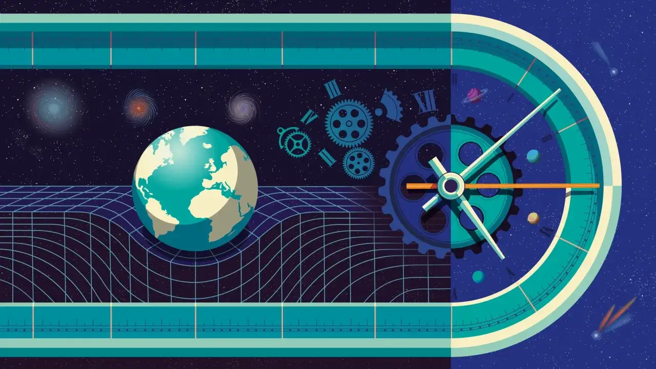 Jordklotet b&ouml;js av gravitationen, som i einsteins relativitetsteori. Kugg&shy;hjul och en klocka symboliserar tidens g&aring;ng i universum.