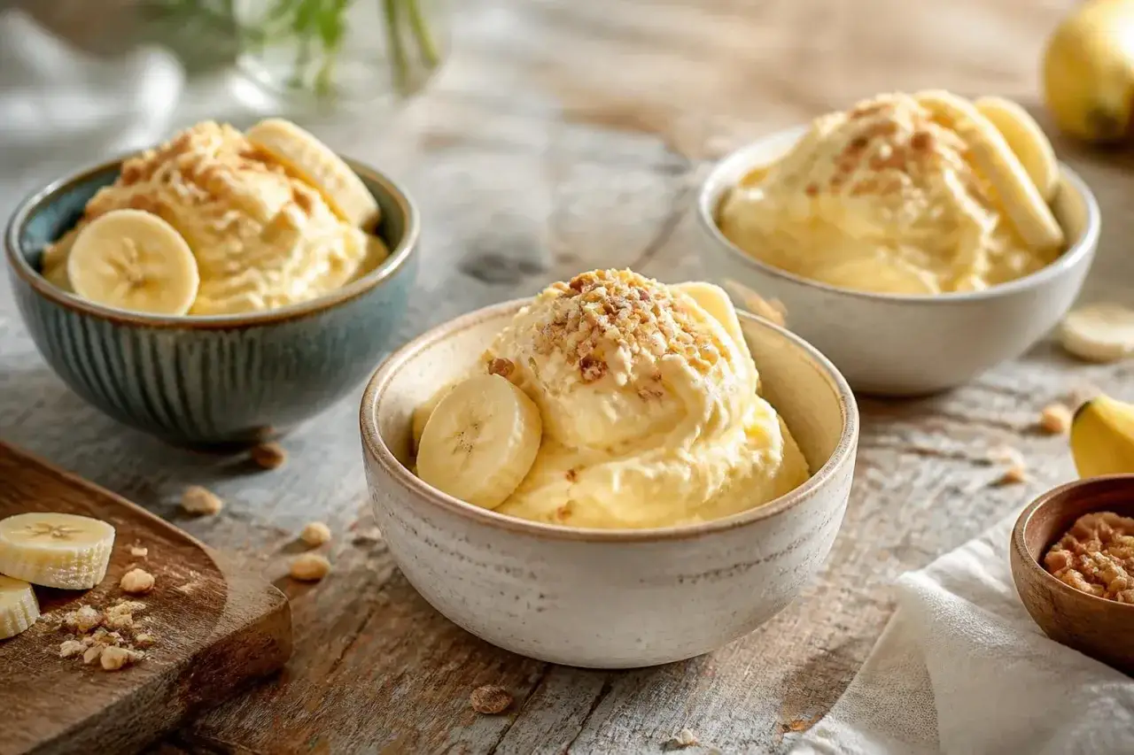 Cremiges Eis aus Milch, garniert mit Bananenscheiben und Nüssen, serviert in Schalen auf einem Holztisch.