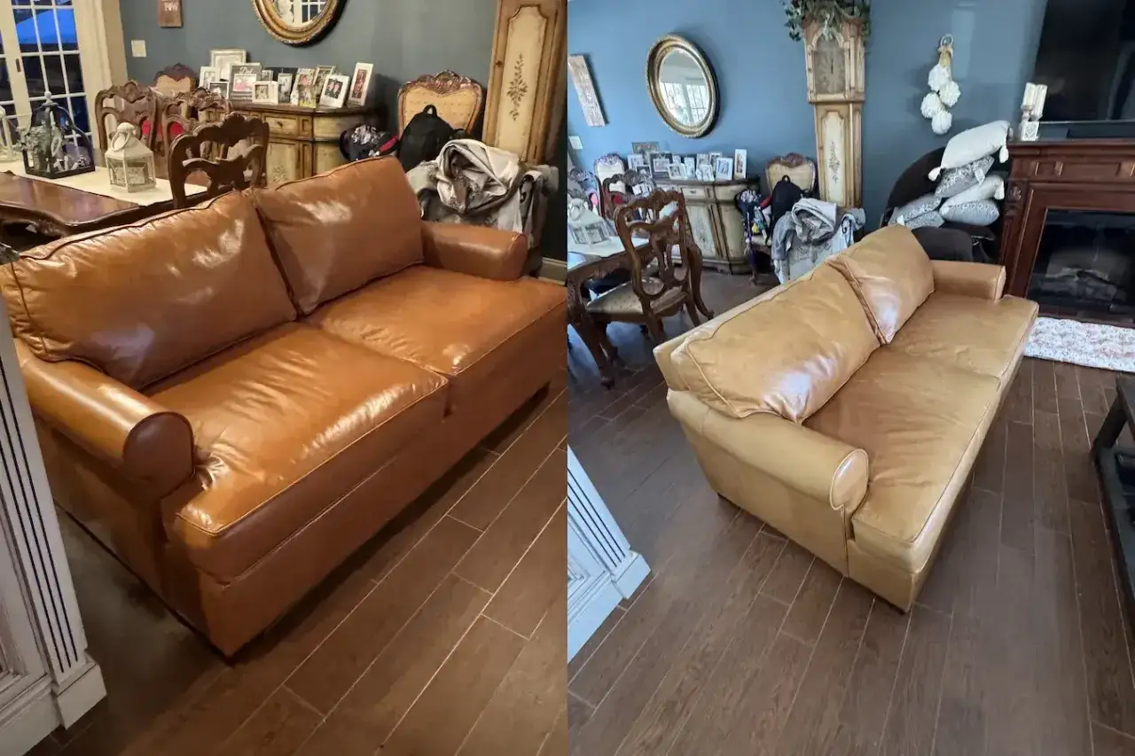 Before and after shots showing how to restore a leather couch. The left side shows a slightly worn couch, while the right shows it revitalized.
