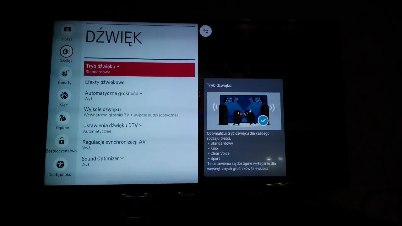 Menu telewizora LG, sekcja Dźwięk. Wybierz