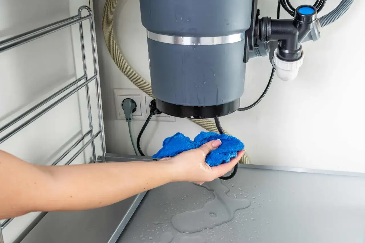 A person is wiping up water from under a leaking garbage disposal, indicating a need for garbage disposal repair.