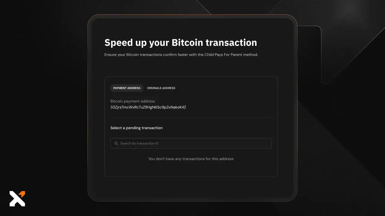 Interfejs do przyspieszania transakcji Bitcoin. Pokazuje adres płatności i pole do wyszukiwania transakcji, wyjaśniając, co oznacza status pending.