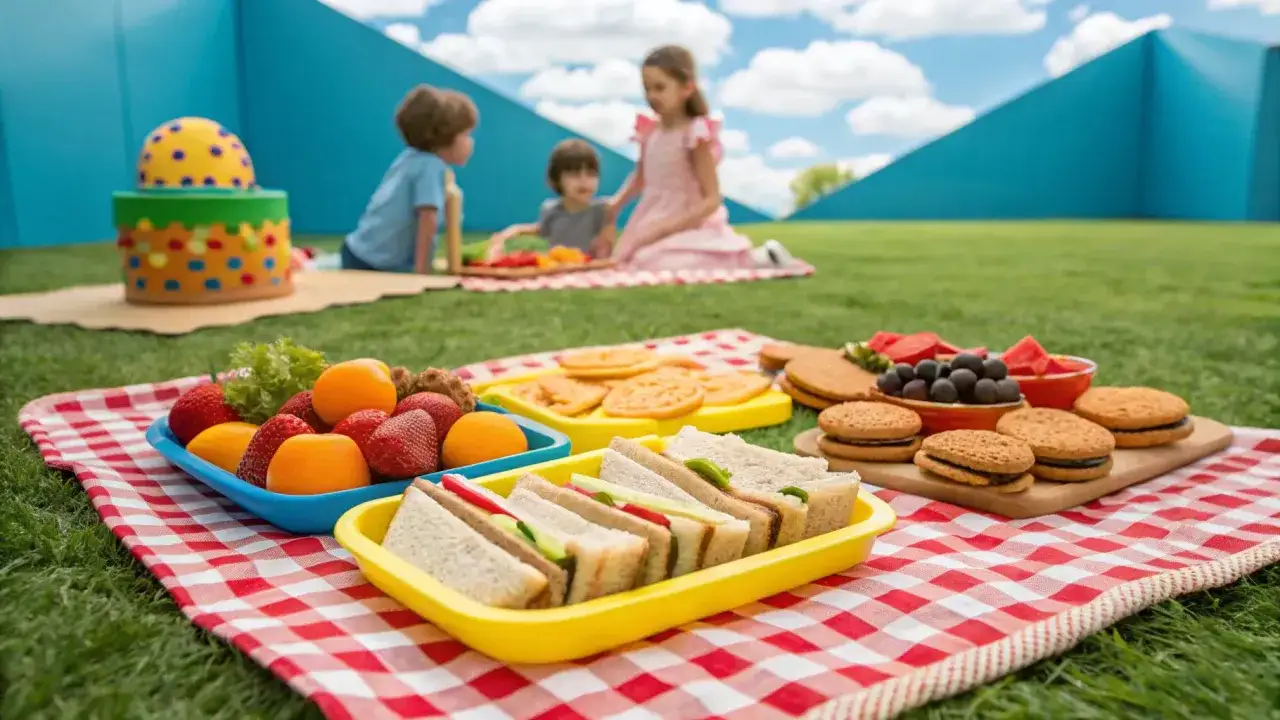 Kolorowy piknik na trawie z mn&oacute;stwem pysznych przekąsek dla dzieci: kanapki, owoce, ciastka i tort.