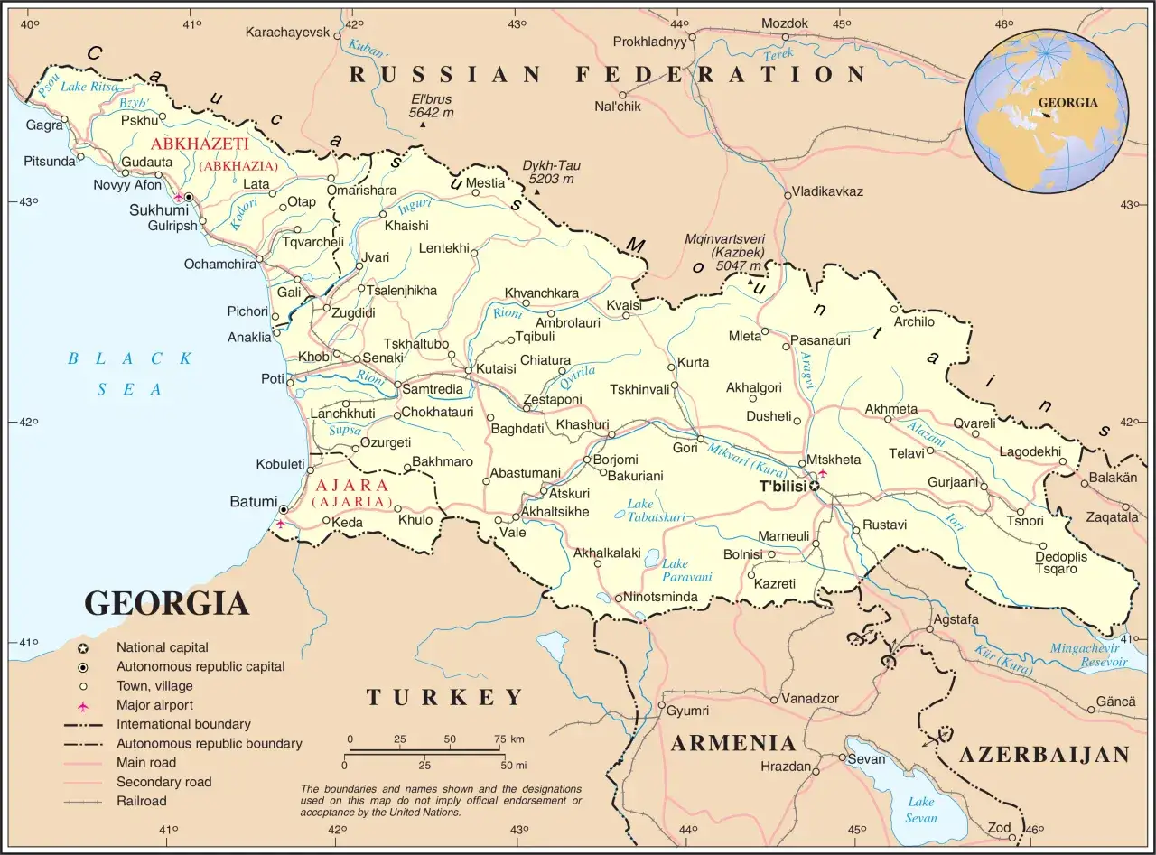 Mapa Gruzji z zaznaczonym Batumi, położenie nad Morzem Czarnym