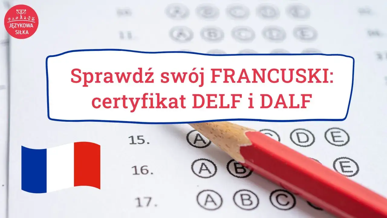 Testy do certyfikatu DELF B2 z języka francuskiego. Czerwony ołówek na arkuszu egzaminacyjnym.