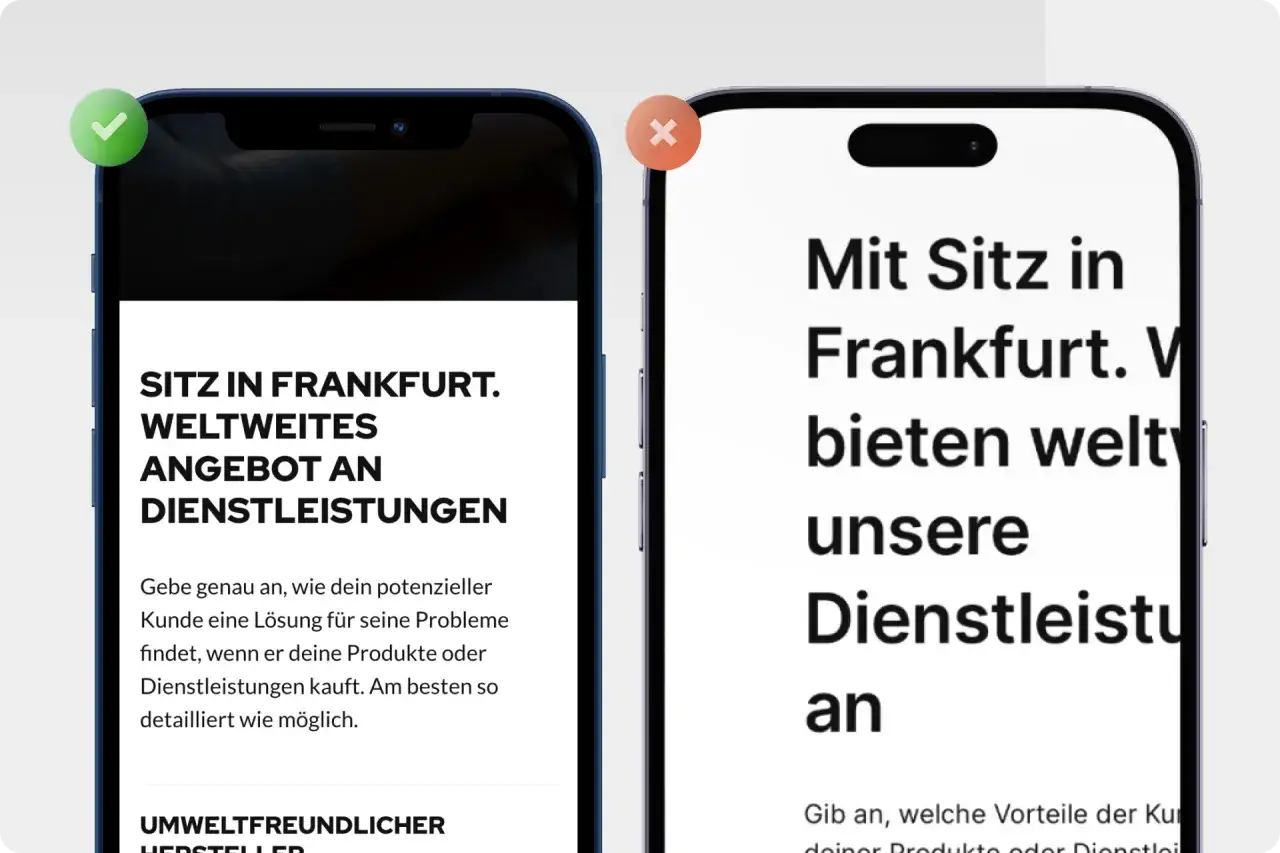 Zwei Smartphones zeigen Texte &uuml;ber Dienstleistungen mit Sitz in Frankfurt. Ein gr&uuml;ner Haken und ein rotes X deuten auf mobile SEO-Optimierung hin.