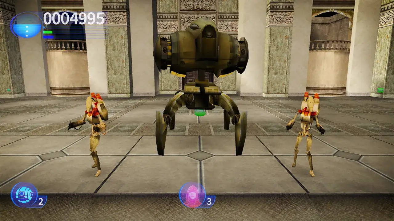 Dwa droidy bojowe i duży droid-pająk w grze Star Wars Jedi Power Battles.