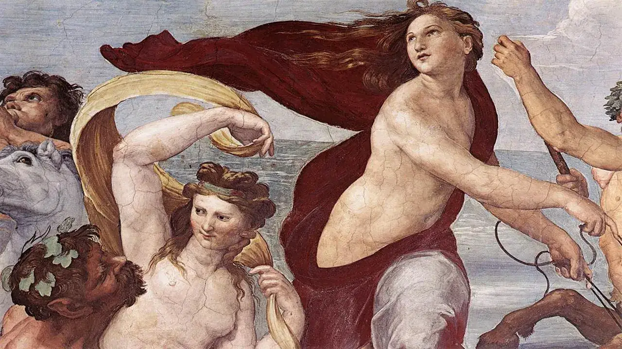 Fresque d&eacute;peignant le triomphe de Galat&eacute;e, avec des figures mythologiques sur fond marin.