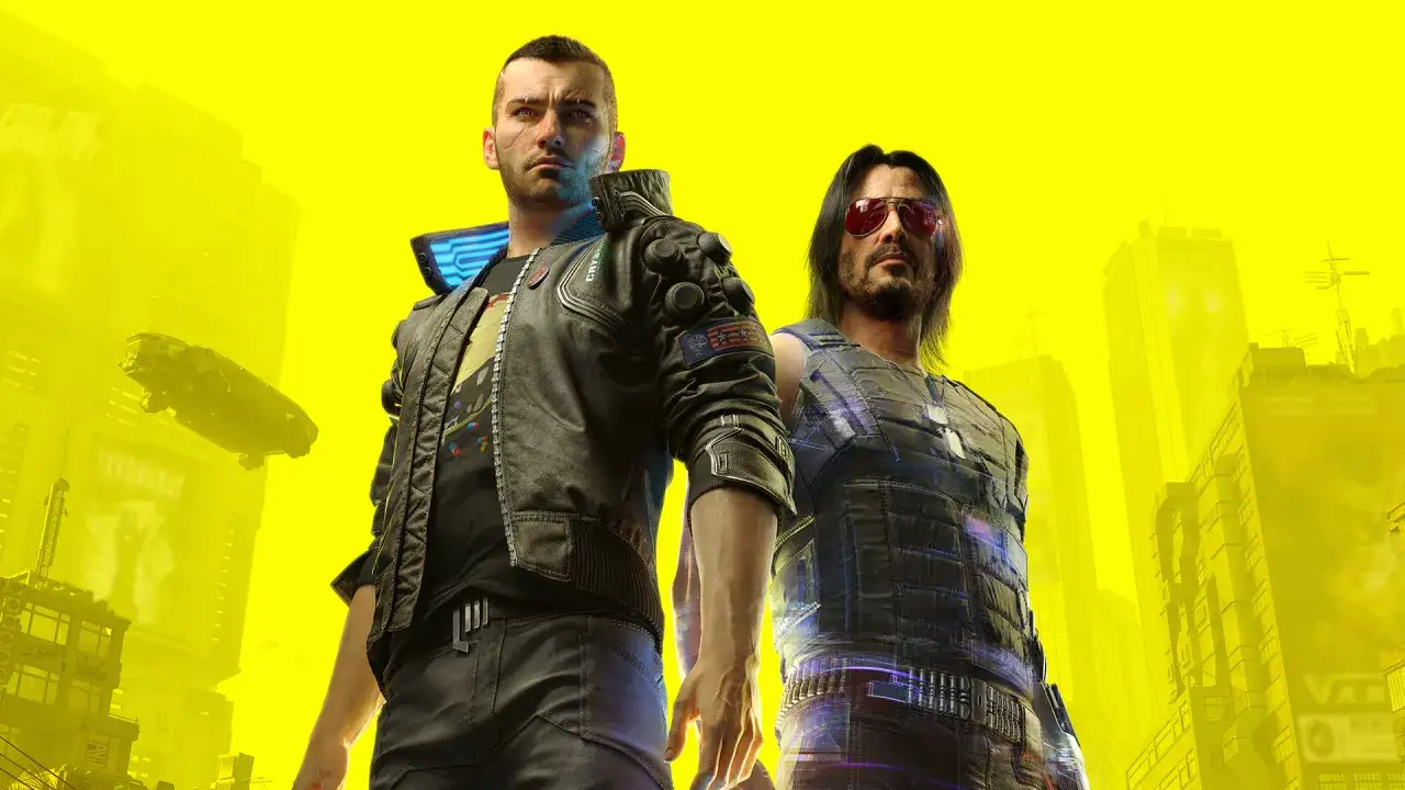 Vigilante z Night City i Johnny Silverhand w tle żółtego, futurystycznego miasta. W Cyberpunk 2077 dobre uczynki popłacają, nawet w mrocznym świecie.