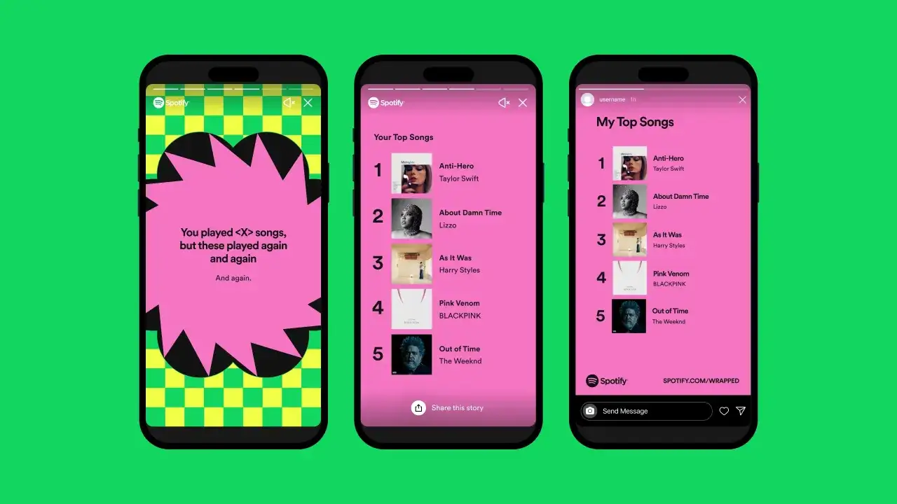 Trzy ekrany telefonów pokazują podsumowanie Spotify Wrapped. Dane do podsumowania zbierane są przez cały rok.