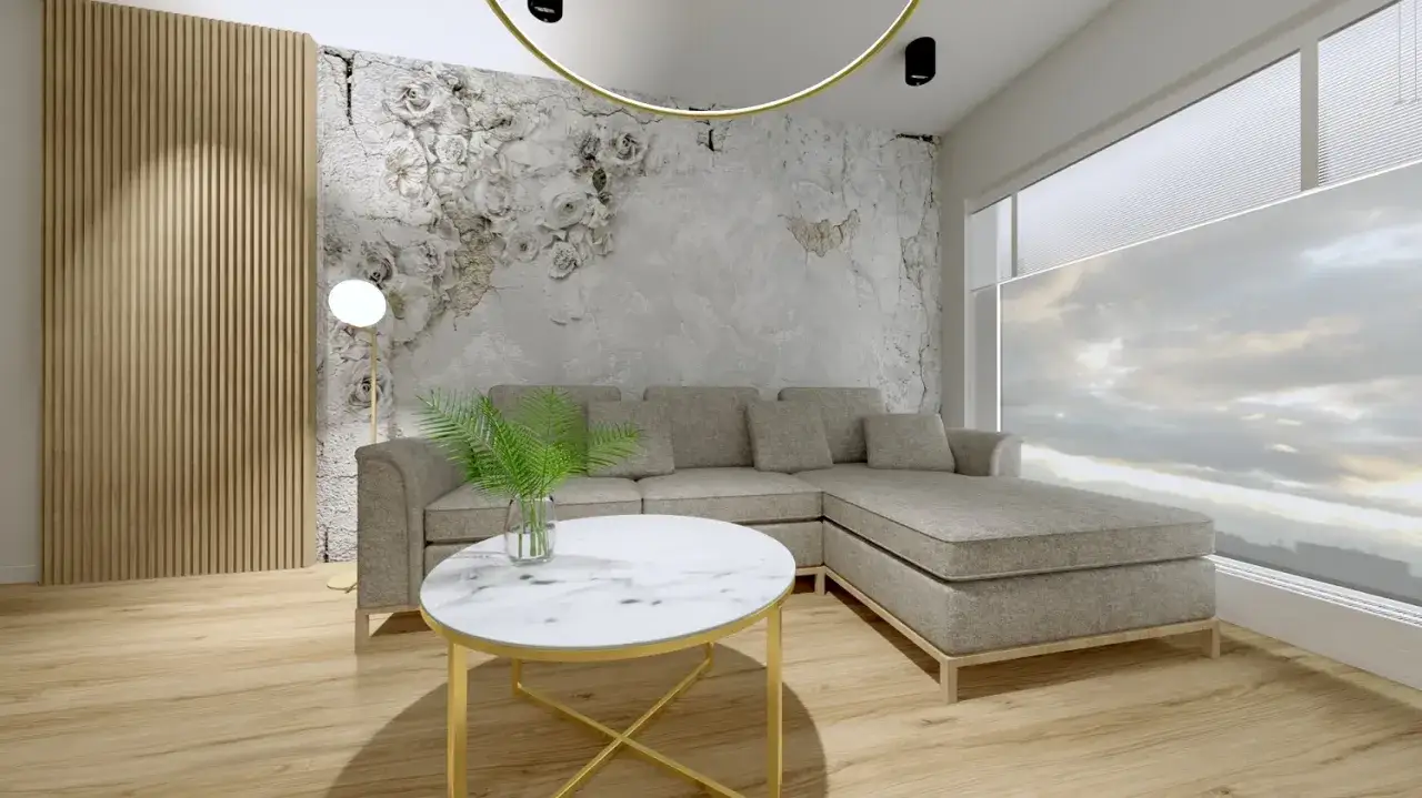 Nowoczesny salon z szarą kanapą, marmurowym stolikiem i ozdobną ścianą.