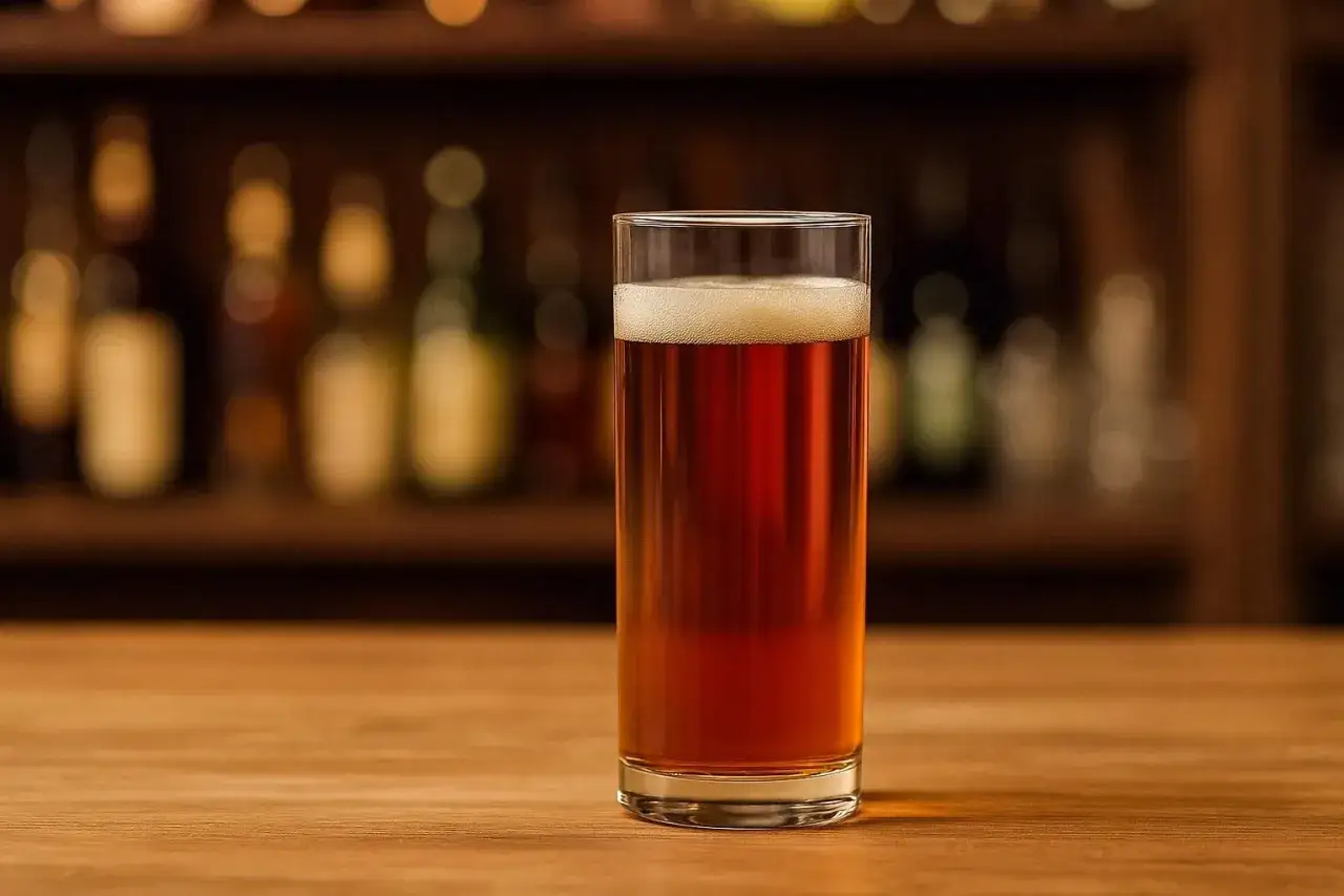 Un bicchiere di ca&ntilde;a birra ambrata con schiuma, su un bancone di legno, con bottiglie sfocate sullo sfondo.