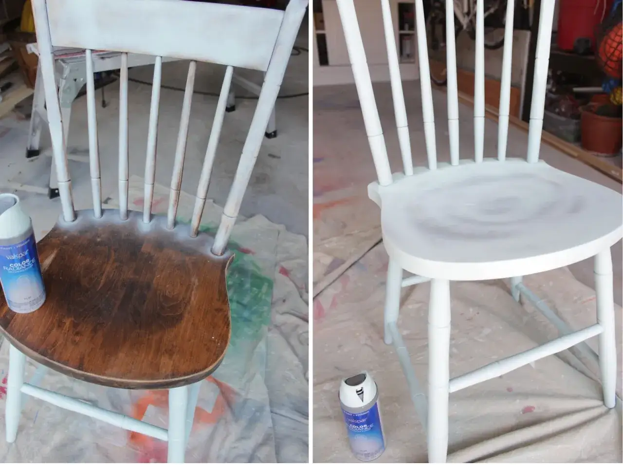 Före och efter bilder av att spraymåla stolar. En stol med mörk sits och ljusgrå ben, och en annan stol helt spraymålad i ljusgrått.