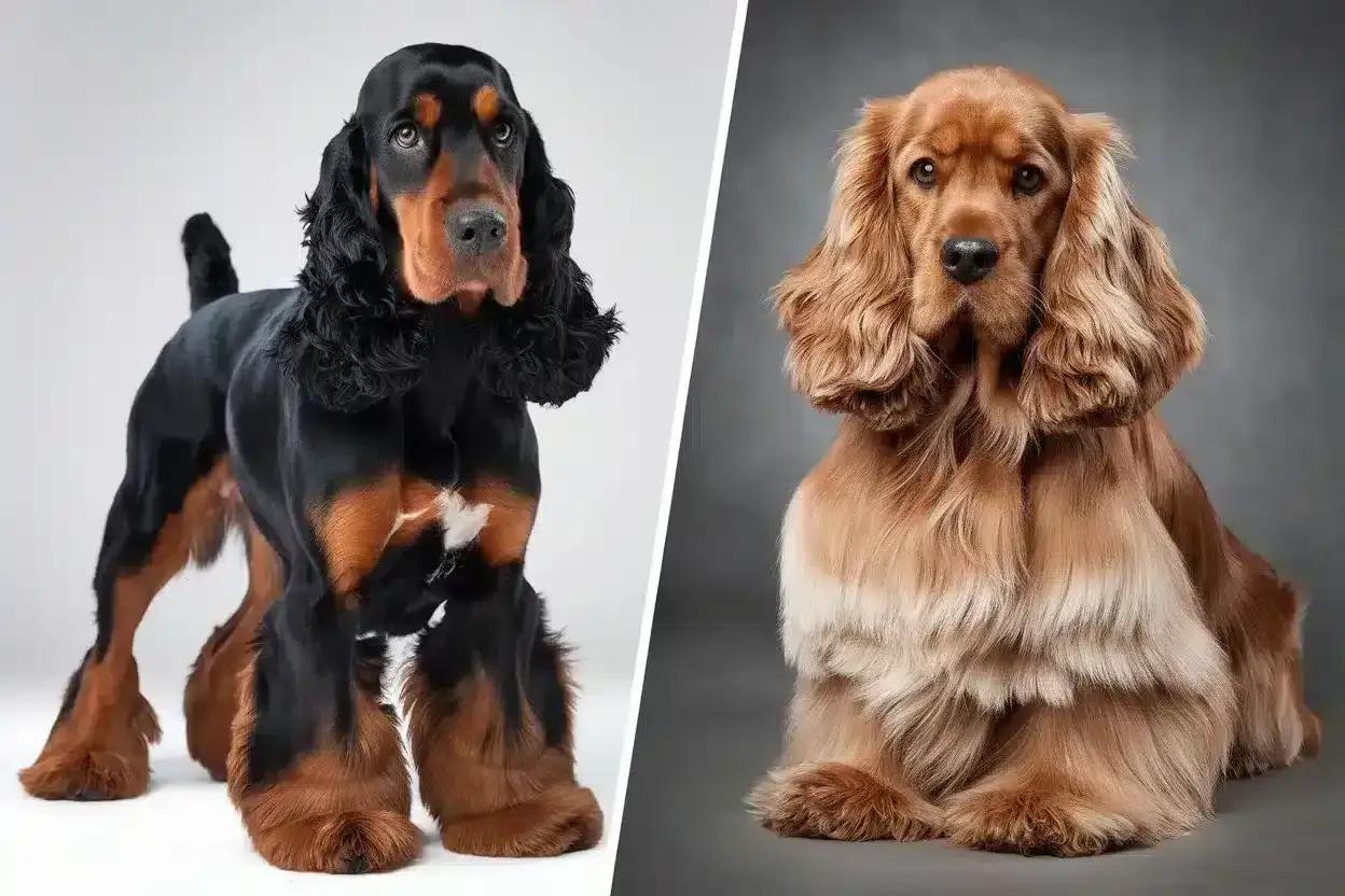 Un cocker anglais noir et feu se tient fièrement à côté d'un cocker américain roux, deux beautés à poil long.