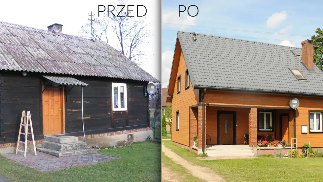 Rozbudowa domu przed i po: stara, ciemna drewniana chata z falistym dachem kontra nowoczesny, jasny dom z nowym dachem i werandą.