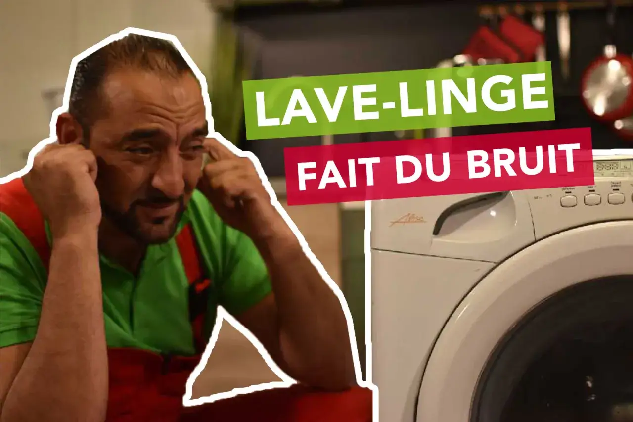 Un homme se bouche les oreilles à côté d'une machine à laver qui fait du bruit à l'essorage.