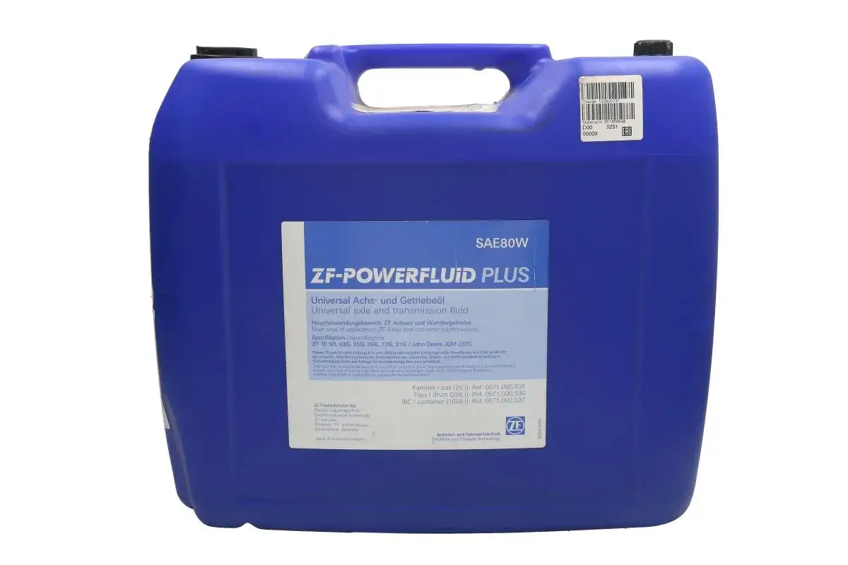 Niebieski kanister z płynem do **hipol**i, ZF-POWERFLUID PLUS SAE80W. Przeznaczony do osi i przekładni, spełnia normy ZF TE-ML.