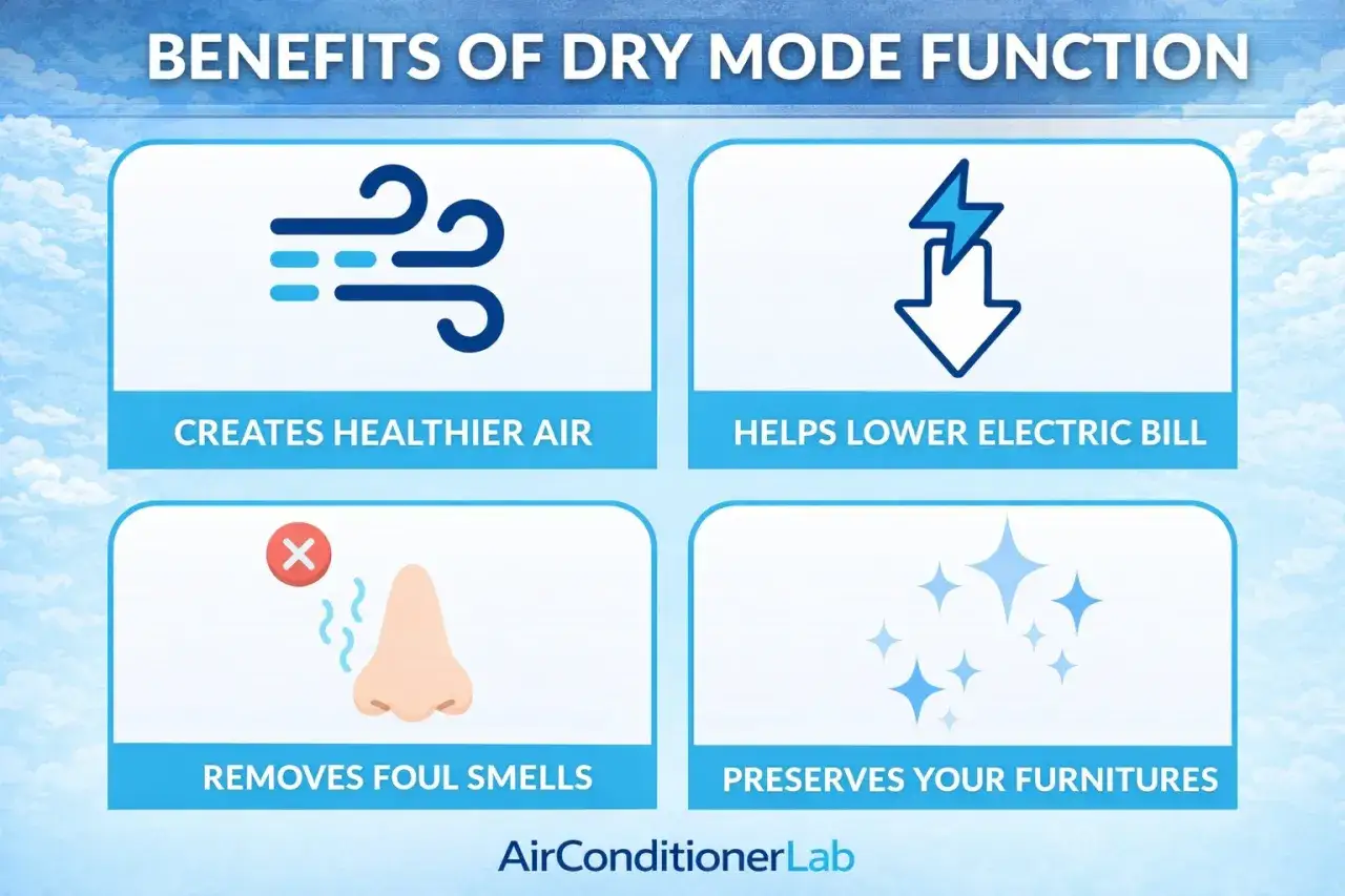Beneficios del modo dry en aire acondicionado: aire más sano, ahorro eléctrico, elimina olores y cuida muebles.