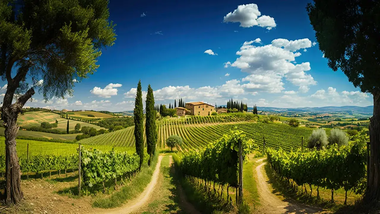 Un perfetto itinerario Toscana: colline verdi, vigneti rigogliosi e una casa colonica sotto un cielo azzurro con nuvole bianche.