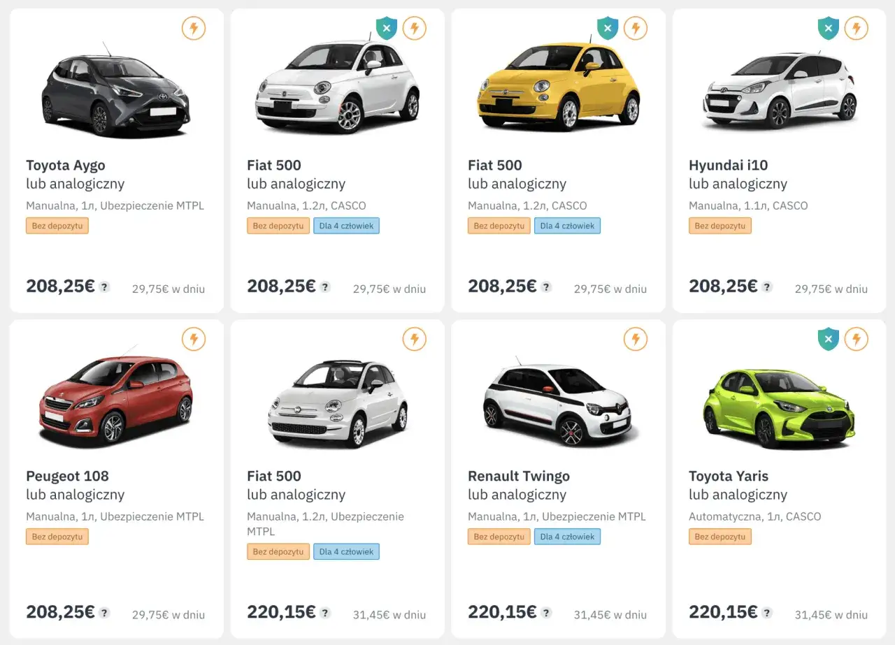 Teneryfa wynajem samochodu bez depozytu: Toyota Aygo, Fiat 500, Hyundai i10, Peugeot 108, Renault Twingo, Toyota Yaris.