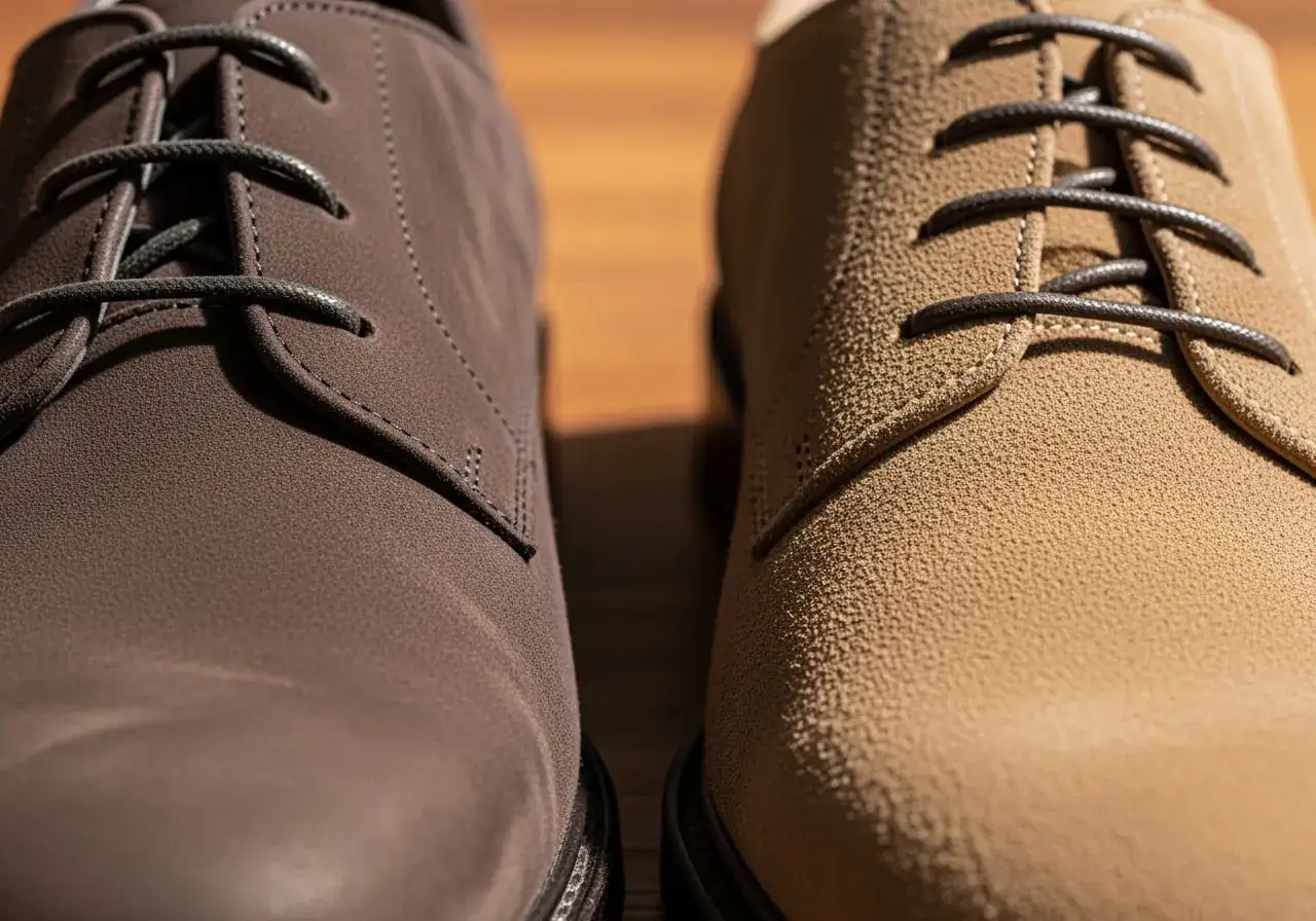 Dwa eleganckie buty, jeden brązowy, drugi beżowy, wykonane z miękkiego nubuku, z ciemnymi sznurówkami.