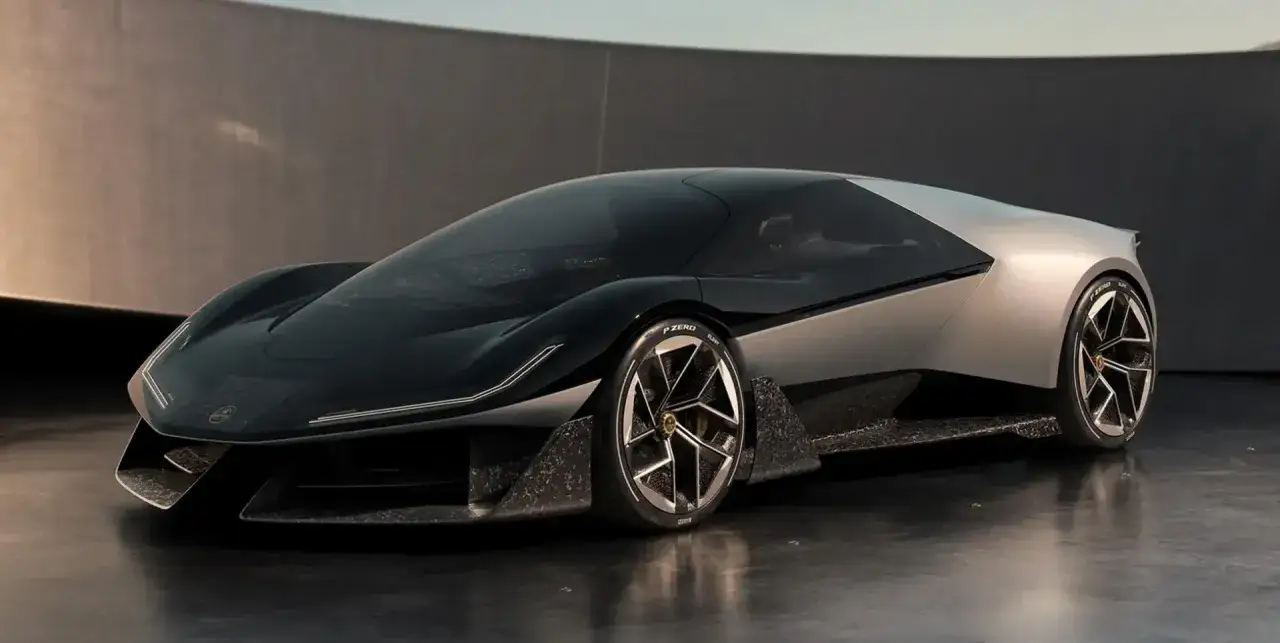 Futurystyczny, srebrno-czarny koncept sportowego samochodu, przypominający Toyota GR GT, z aerodynamicznymi liniami i masywnymi felgami.