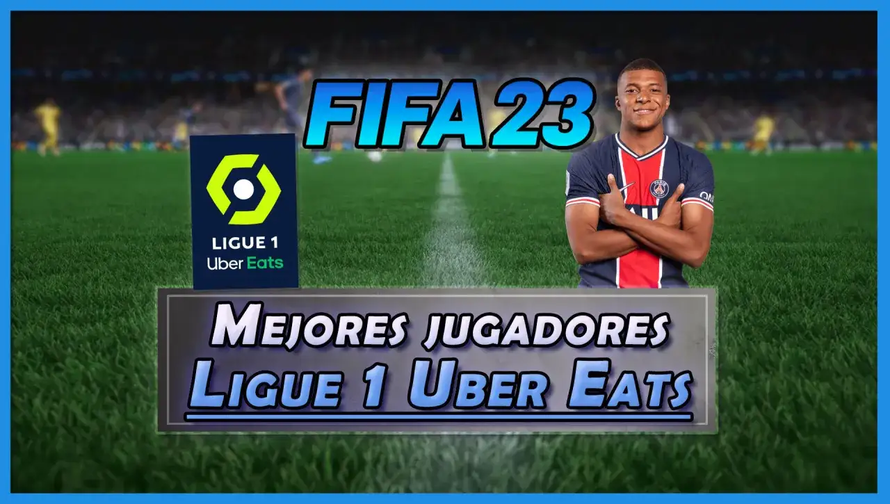 Mbappé sonríe en FIFA 23, junto al logo de la Ligue 1 Uber Eats. El título