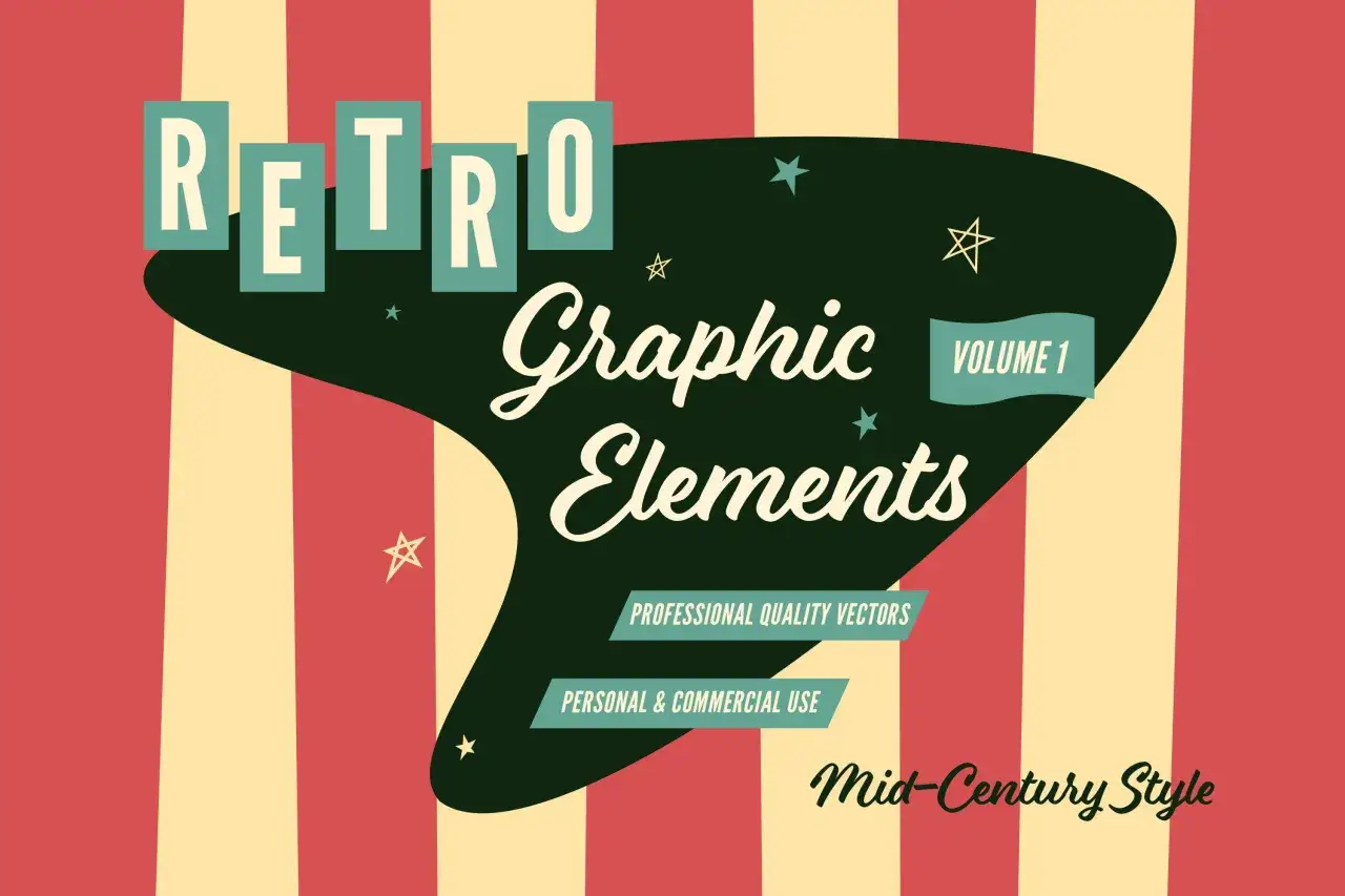 Retro Graphic Elements Volume 1, showcasing midcentury graphic design with stars and a bold color palette.
