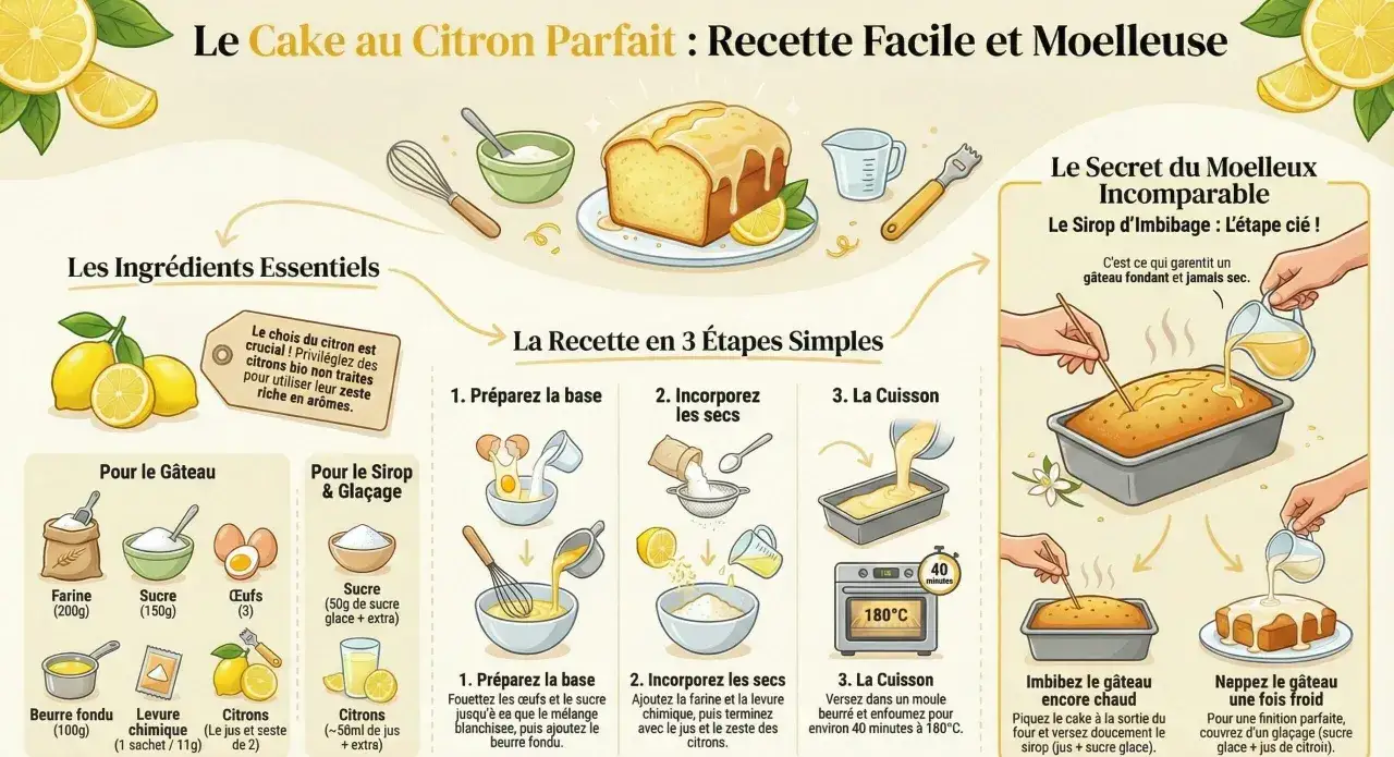 Recette illustrée pour un moelleux au citron parfait. Ingrédients, étapes de préparation et secret du glaçage pour un gâteau fondant.