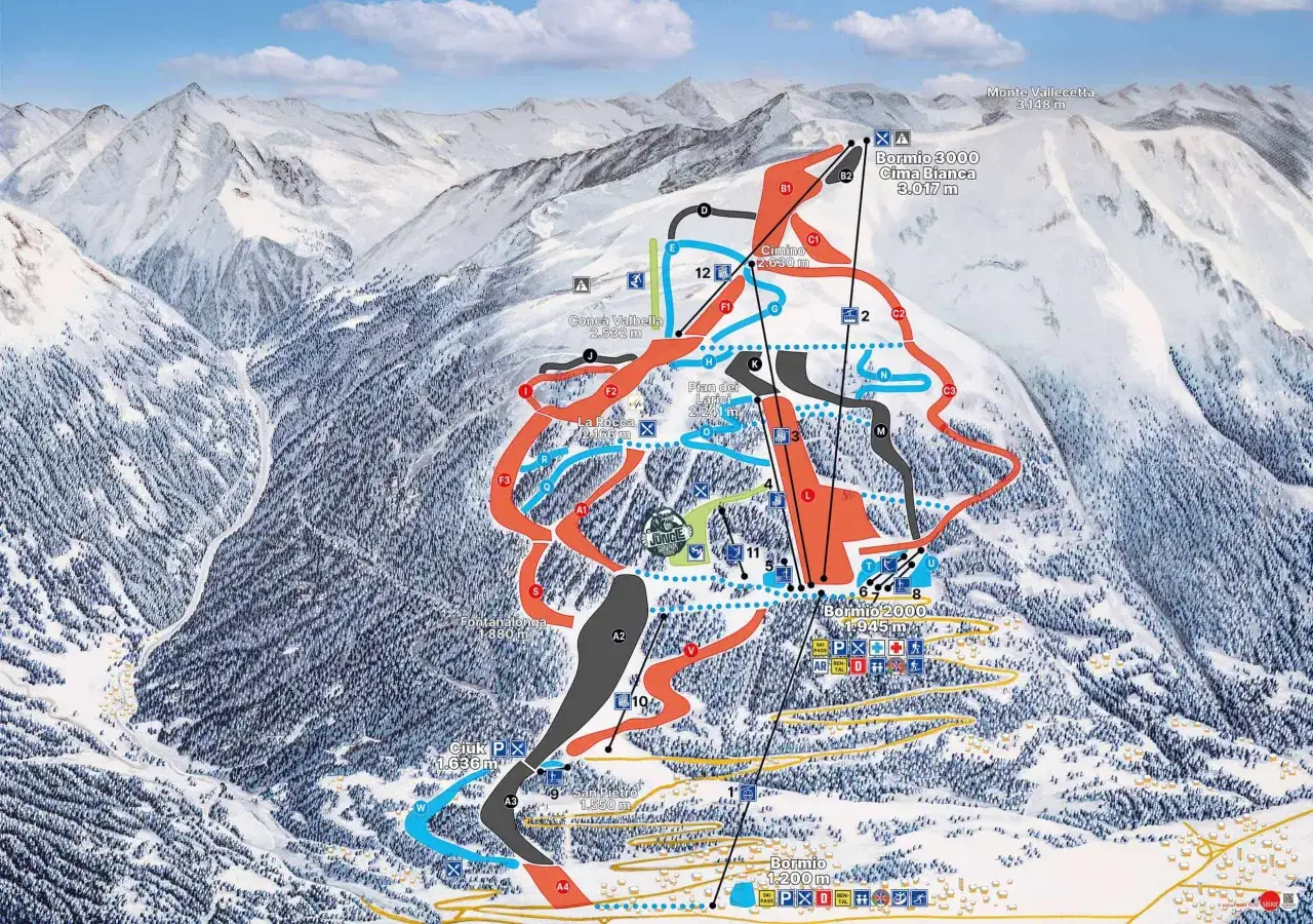 Mapa tras narciarskich Bormio, idealne miejsce, gdzie na narty we Włoszech. Widok na ośnieżone szczyty i lasy.