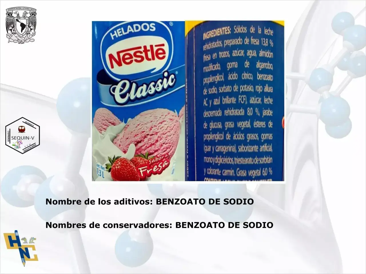 Helado Nestlé Classic sabor fresa, con ingredientes que incluyen benzoato de sodio.