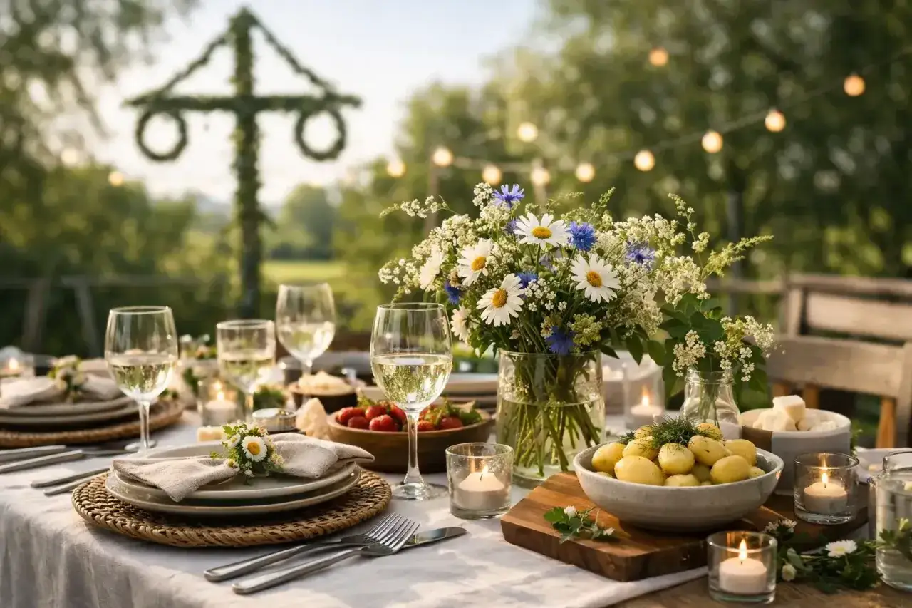 En fin dukning med blommor, jordgubbar och nypotatis. I bakgrunden syns en midsommarst&aring;ng och ljusslingor.