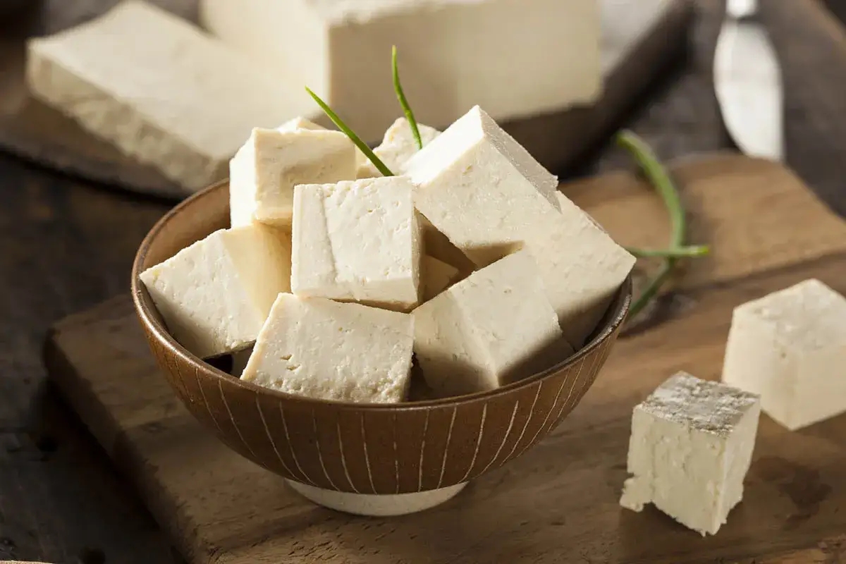 A bowl of cubed tofu sits on a wooden board, with more tofu blocks scattered around. Curious about whether dogs can eat tofu? This image shows the versatile ingredient.