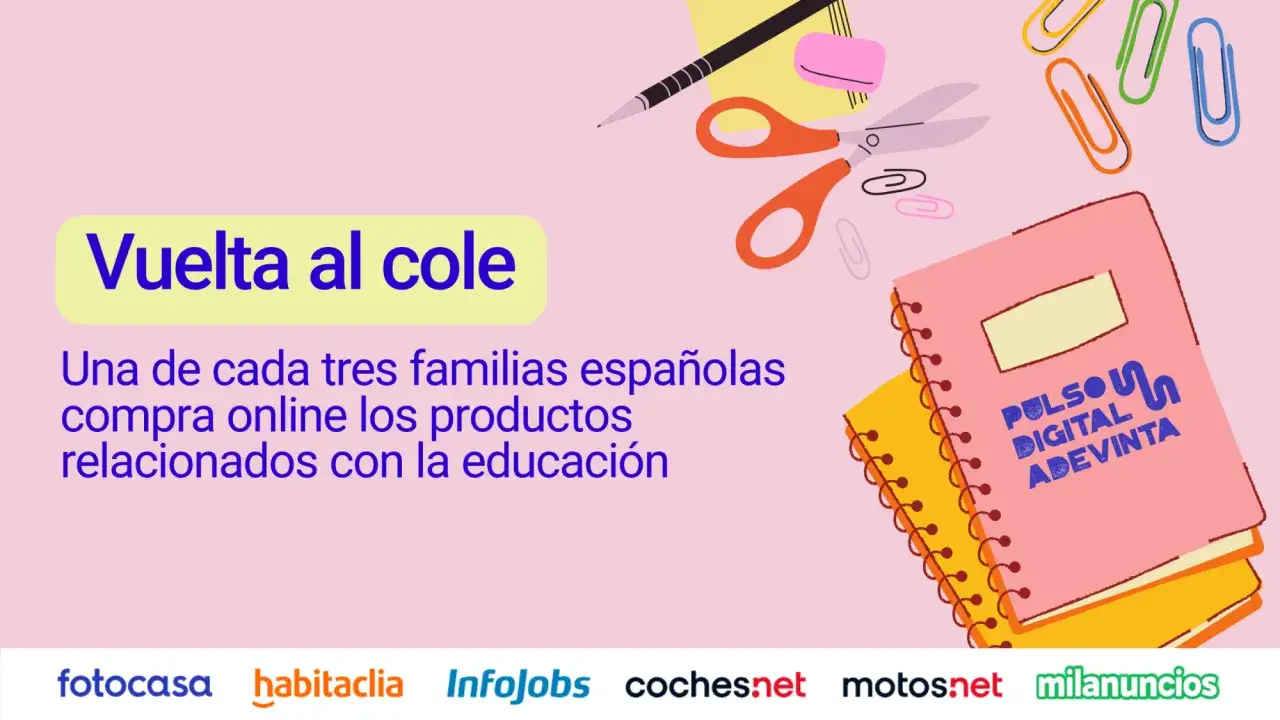 Material escolar para la vuelta al cole: tijeras, clips, cuaderno y l&aacute;piz. Una de cada tres familias compra online.