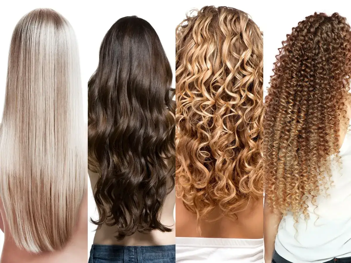 Capelli lisci, mossi, ricci: come capire che tipo di capelli hai. Quattro diverse texture e colori mostrati da dietro.