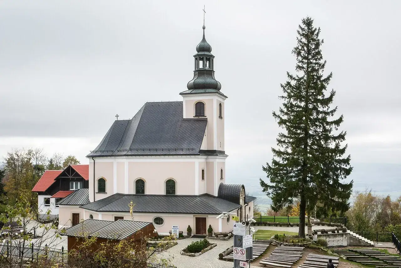 Jasna bazylika Matki Bożej Śnieżnej z wieżą i wysoką choinką obok, na tle łagodnego krajobrazu.