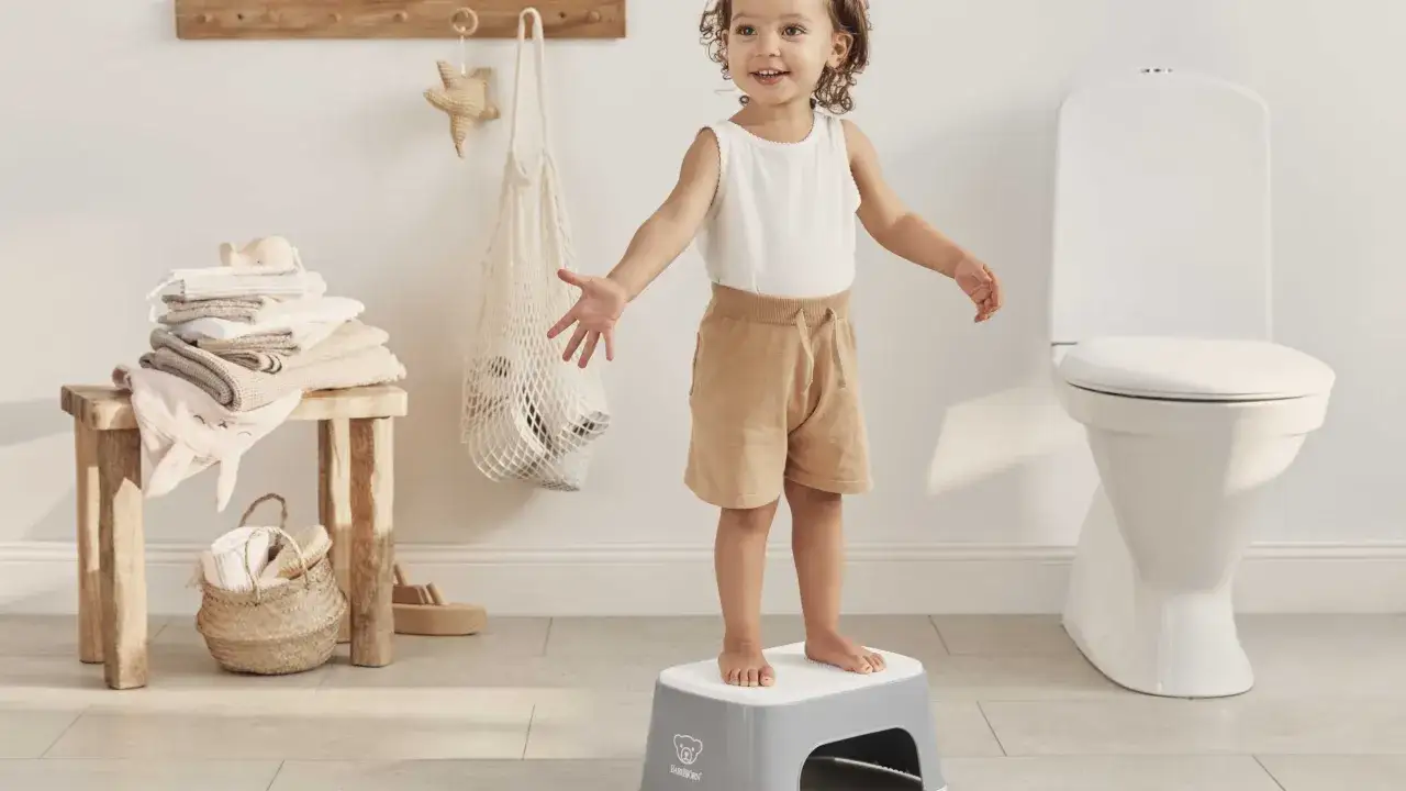 Niña sonriente en taburete, lista para quitar el pañal. Al lado, un inodoro y toallas apiladas.
