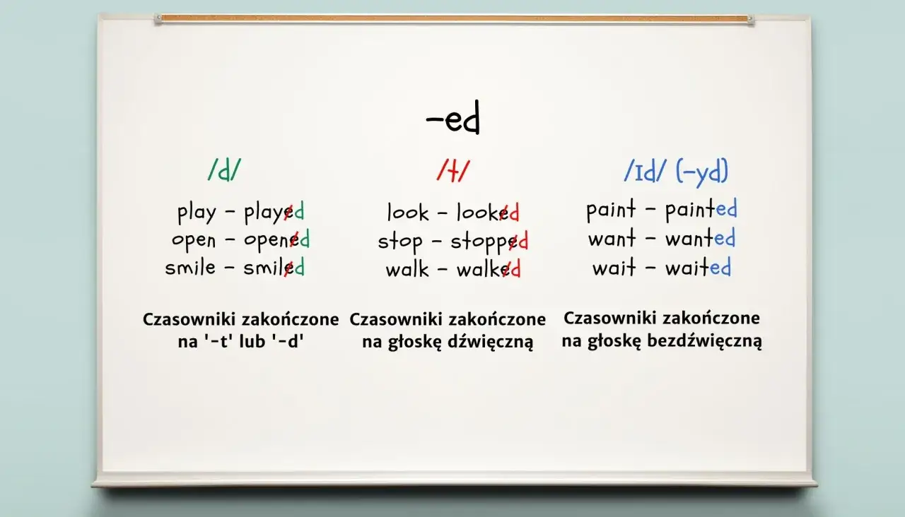 Tablica wyjaśnia wymowę końcówki -ed w angielskim. Pokazuje, jak past simple czasowniki regularne zmieniają się w zależności od ostatniej litery.