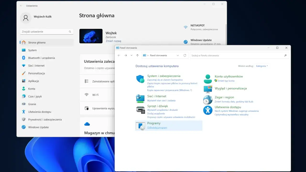 Panel sterowania systemu Windows 11, gdzie można dostosować ustawienia komputera, takie jak system i zabezpieczenia, sieć i internet, programy.