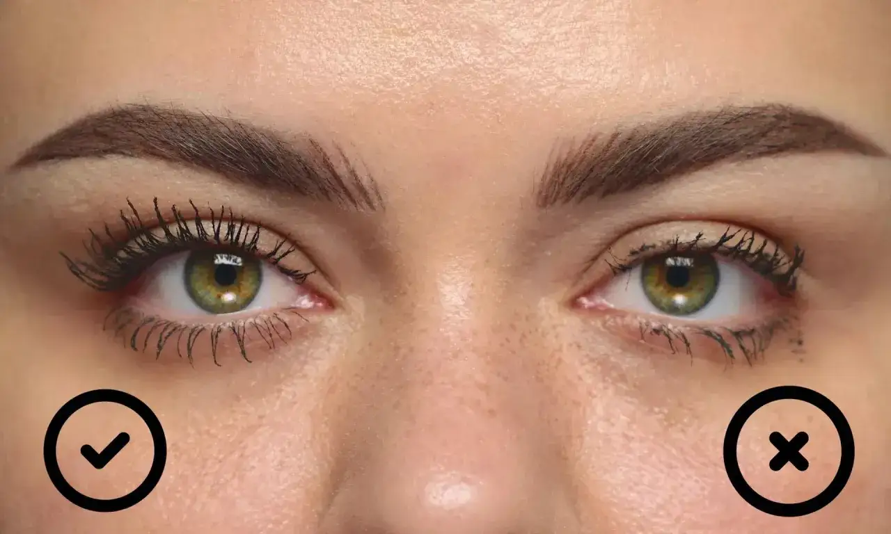 Maquillage cils : œil gauche avec un résultat parfait, œil droit avec des traces de mascara.